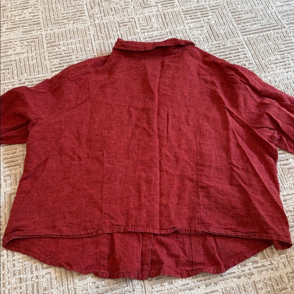 Flax Linen Red Button Down 3/4 Sleeve Collared Lagenlook Shirt - Picture 2 of 5